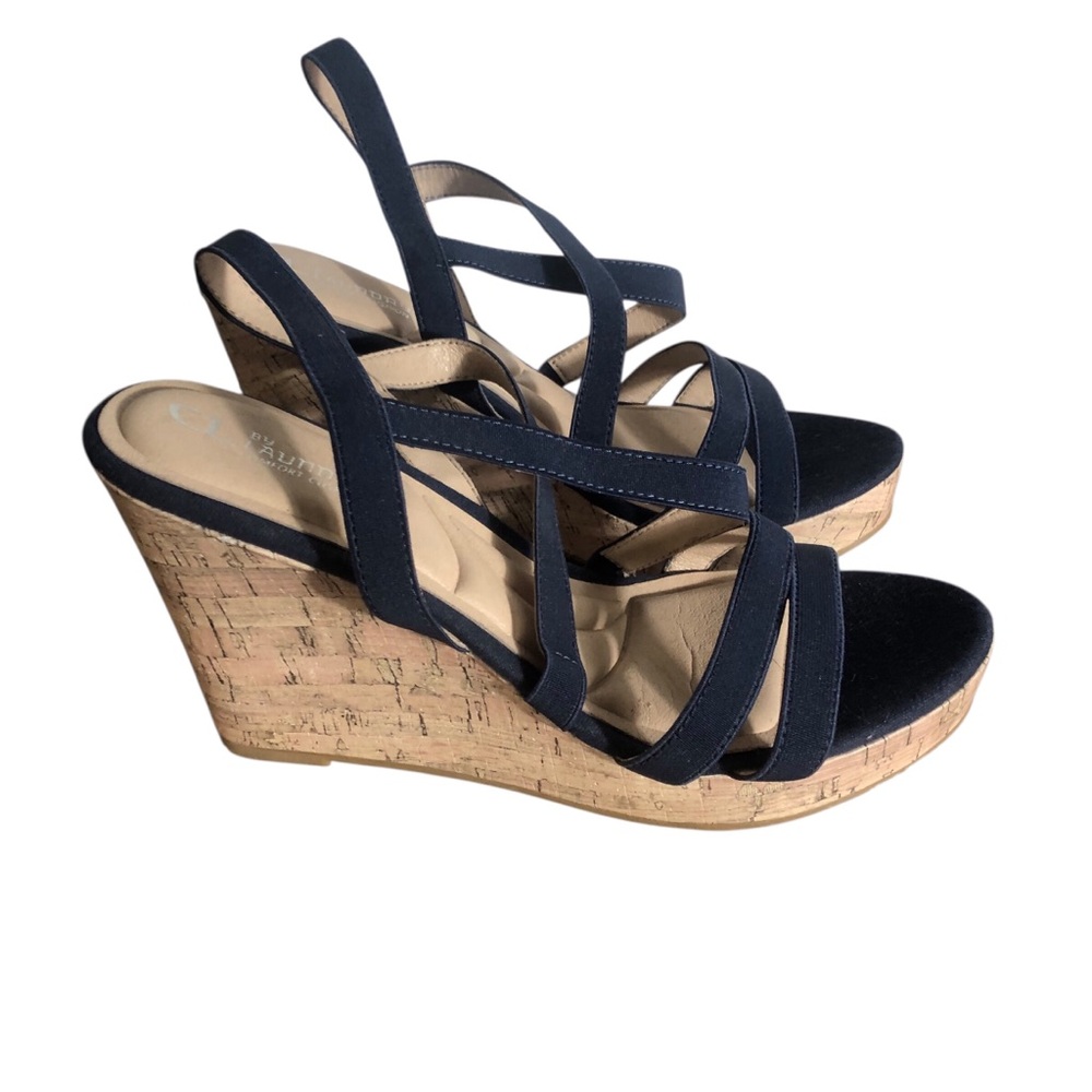 CL by Laundry Navy Strappy Cork Wedge Sandals - Slingback